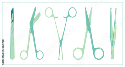 Vector flat illustration with a Surgical Instrument. Scalpel, clamp, scissors, tweezers. For your web, logo, app, UI