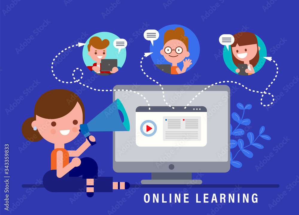 E-learning online education concept illustration. Online teacher on computer . Kids studying at home via internet. vector cartoon in flat design style.