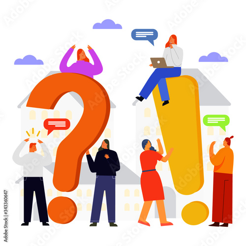 Design of frequently asked questions people around exclamations and question marks, answer concept