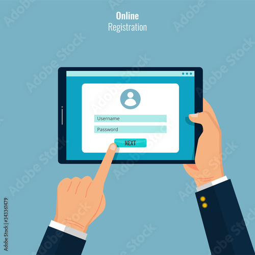 Online registration concept design. Hands holding tablet to sign in on internet browser. Register form to join membership for user. Vector illustration