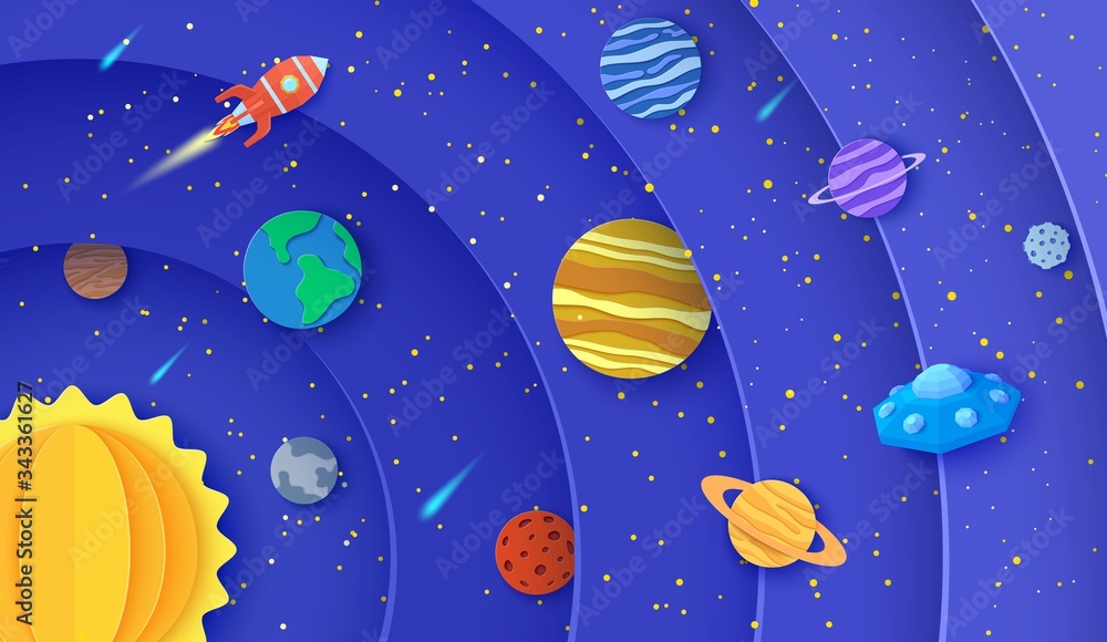 Solar system model in paper cut style. Round layers galaxy space with  cartoon planets, red polygonal rocket, comets and origami UFO. 3d vector  background with flying saucer in starry night sky Stock