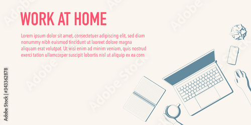 Flatlay with a workplace with copy space. Office desk top view - hands with a cup of coffee, laptop, phone and paper. Vector illustration