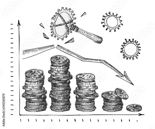 Design concept of economic and financial information agitational poster against coronavirus epidemic with hand-drawn graph of coins, falling market Sketch style