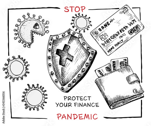 Design concept of economic and financial information agitational poster against coronavirus epidemic with text Stop pandemic protect your finance Sketch style