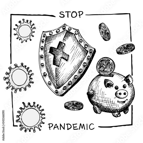 Design concept of economic and financial information agitational poster against coronavirus epidemic with text Stop pandemic Keep your finance healthy Sketch style