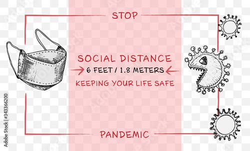 Design concept of Medical, social, economic and financial information agitational poster against coronavirus epidemic with text Stop pandemic Social distance Keeping your life safe Sketch style
