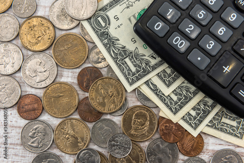 Wallpaper Mural US 1 dollar bills with coin cent on wooden desk. same money conccept. Torontodigital.ca