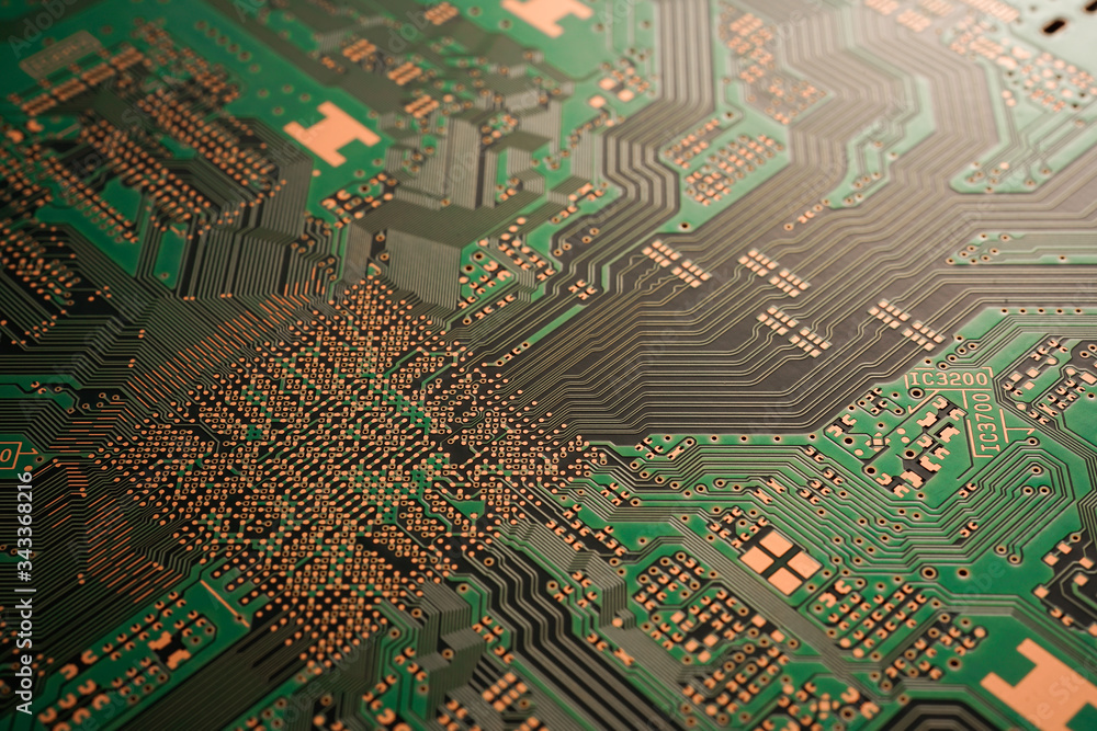 A close-up of Green coloured Solder resits Printed circuit board (PCB) with  no component mounted (copper exposed) Stock Photo | Adobe Stock