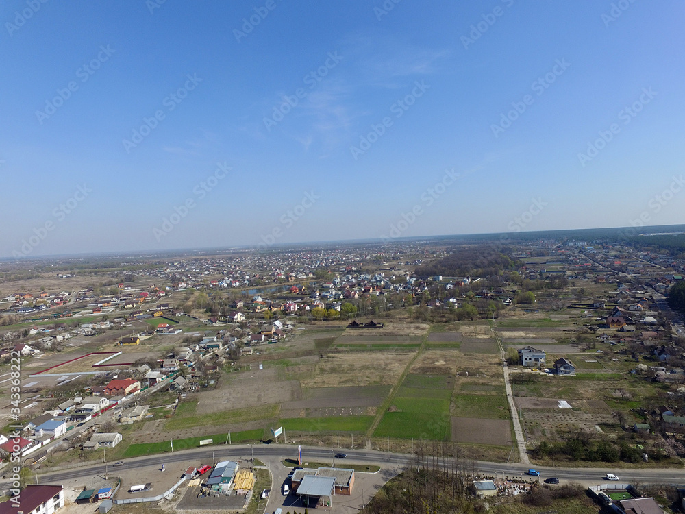 Aerial view of the saburb landscape (drone image). Near Kiev