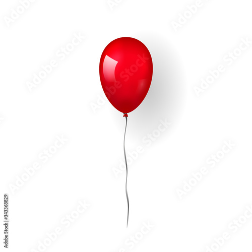 Red balloon 3D, thread, isolated on white background. Color glossy flying baloon, ribbon for birthday celebrate, surprise. Helium ballon gift. Realistic shape, symbol love, fun Vector illustration