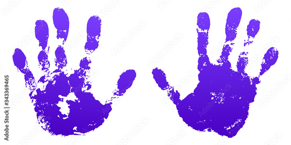 Hand paint print set, isolated white background. Violet human palm and fingers. Abstract art design, symbol identity people. Silhouette child, kid, people handprint Grunge texture. Vector illustration Hand paint print set, isolated white background. Violet human palm and fingers. Abstract art design, symbol identity people. Silhouette child, kid, people handprint Grunge texture. Vector illustration
