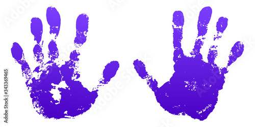 Hand paint print set, isolated white background. Violet human palm and fingers. Abstract art design, symbol identity people. Silhouette child, kid, people handprint Grunge texture. Vector illustration