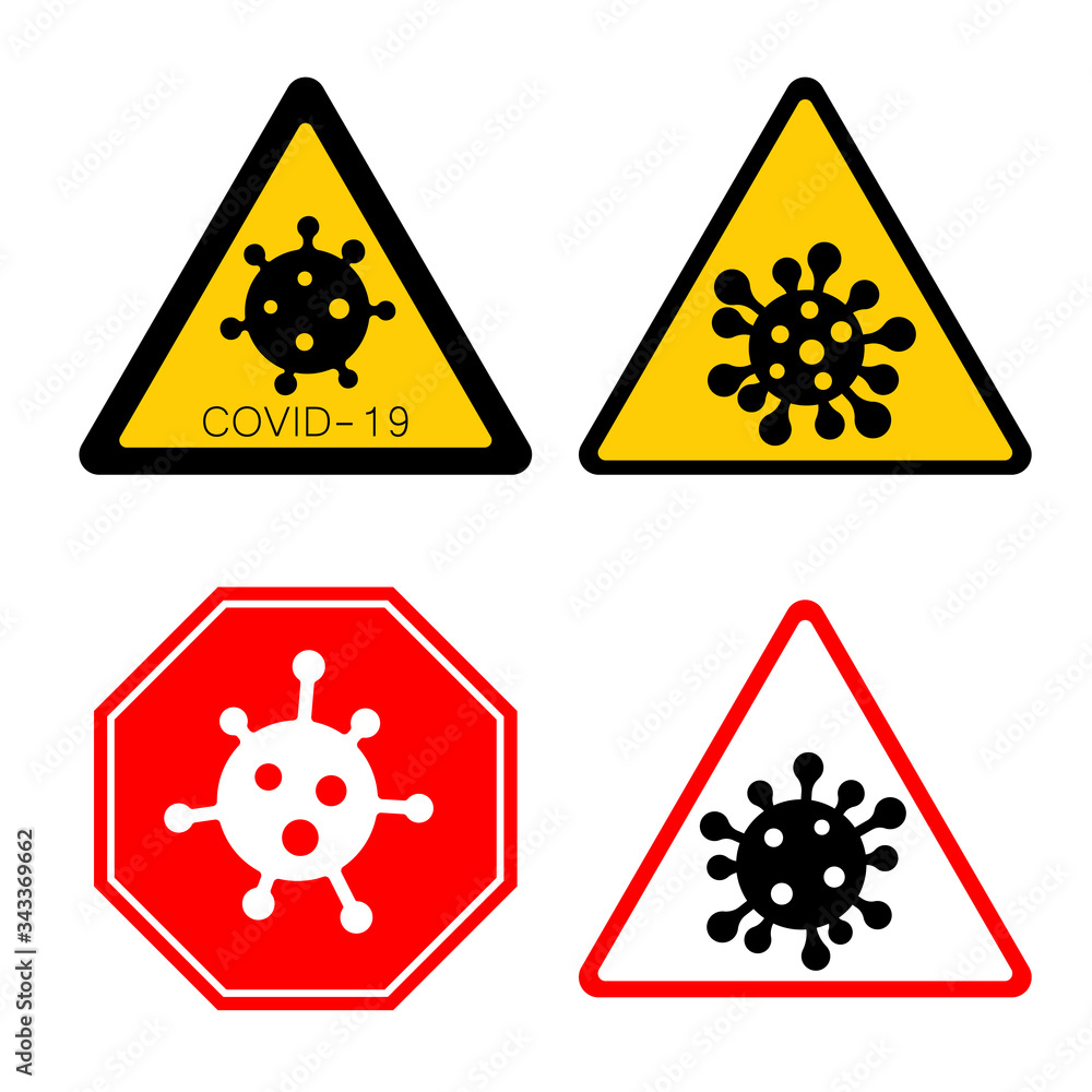 Coronavirus 2019-nCoV. Corona virus icons warning set. Signs isolated white background. Stop pathogen respiratory infection. Bacteria influenza pandemic Corona-virus prevention. Vector illustration Coronavirus 2019-nCoV. Corona virus icons warning set. Signs isolated white background. Stop pathogen respiratory infection. Bacteria influenza pandemic Corona-virus prevention. Vector illustration