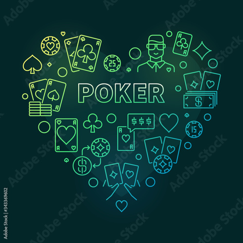 Poker vector concept heart-shaped colorful outline illustration on dark background