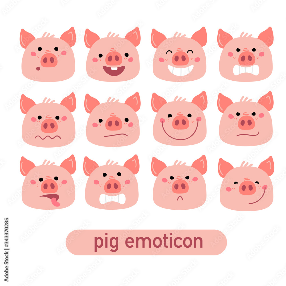Vector Pink Piggy emoticon set. Cartoon illustration for Christmas card, prints, calendar, sticker, invitation, baby shower, children clothes, posters Vector Pink Piggy emoticon set. Cartoon illustration for Christmas card, prints, calendar, sticker, invitation, baby shower, children clothes, posters