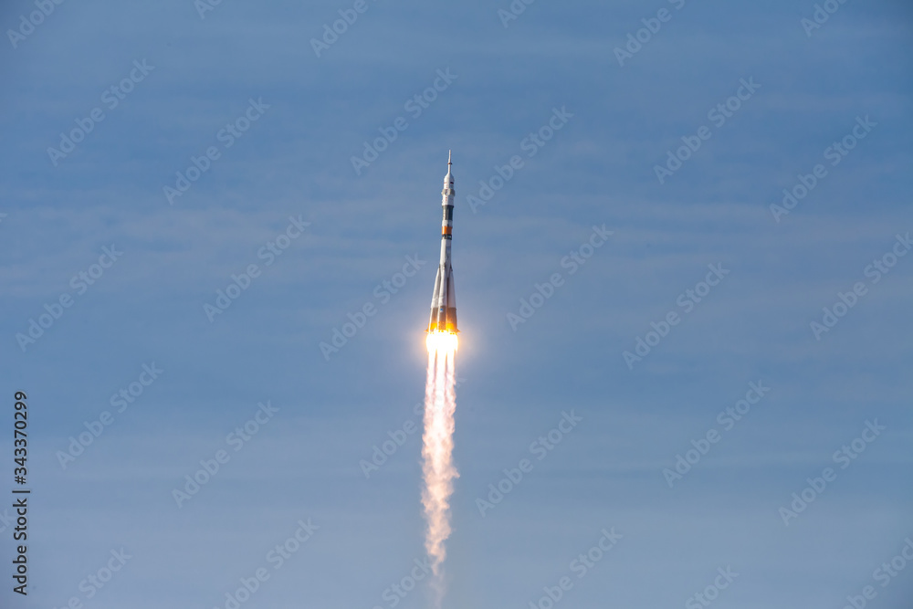 Baikonur, Russia - 10.23.12: Rocket Soyuz in the sky with clouds