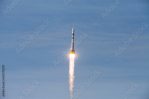 Baikonur, Russia - 10.23.12: Rocket Soyuz in the sky with clouds