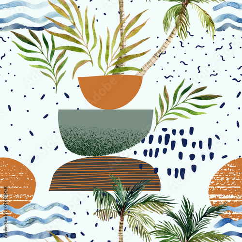 Art illustration with watercolor palm tree, doodle, grainy grunge texture, ge...
