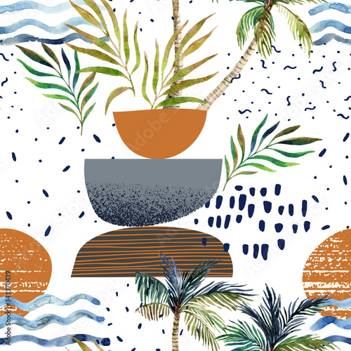 Art illustration with watercolor palm tree, doodle, grainy grunge texture, ge...