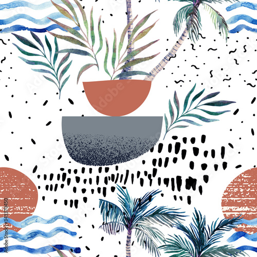 Art illustration with watercolor palm tree, doodle, grainy grunge texture, ge...