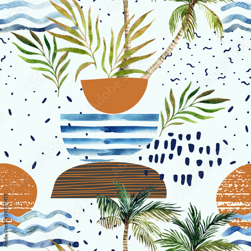 Art illustration with watercolor palm tree, doodle, grainy grunge texture, ge...
