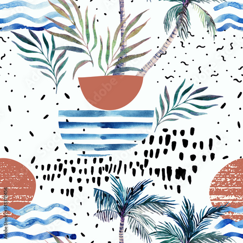 Art illustration with watercolor palm tree, doodle, grainy grunge texture, ge...