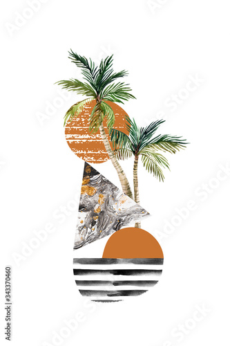 Art illustration with palm tree, palm leaves, doodle, marble, grunge textures...