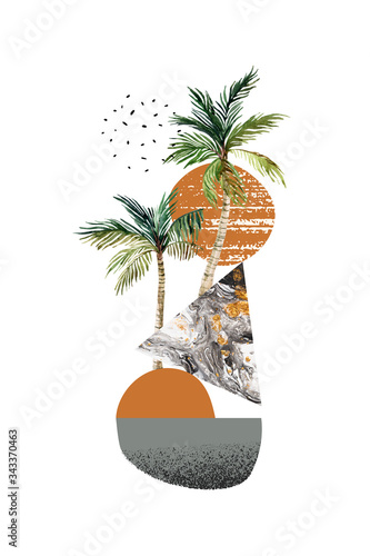 Art illustration with palm tree, palm leaves, doodle, marble, grunge textures...
