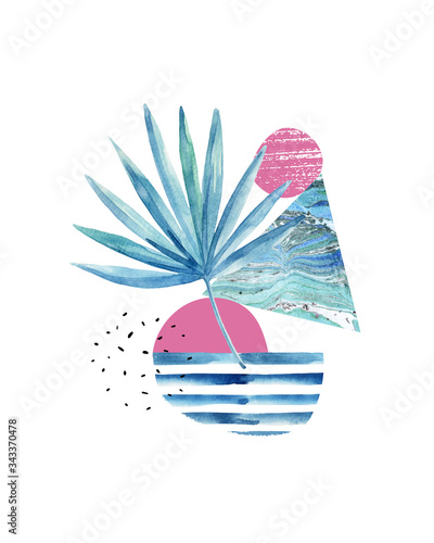 Geometric collage layout: fan palm leaf, triangles with marbling texture, cir...
