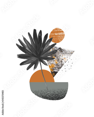Art illustration with palm tree, palm leaves, doodle, marble, grunge textures...
