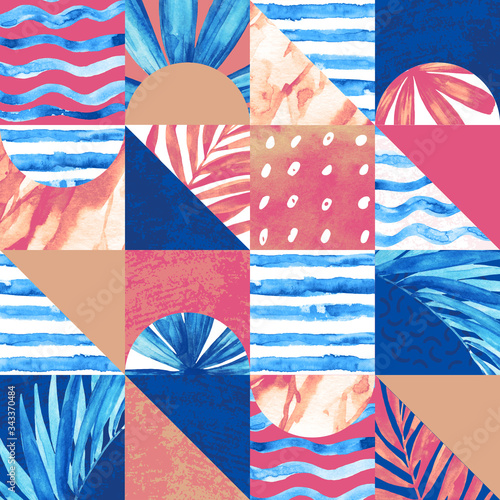 Geometric minimal seamless pattern with squares, triangles, shape, watercolor...