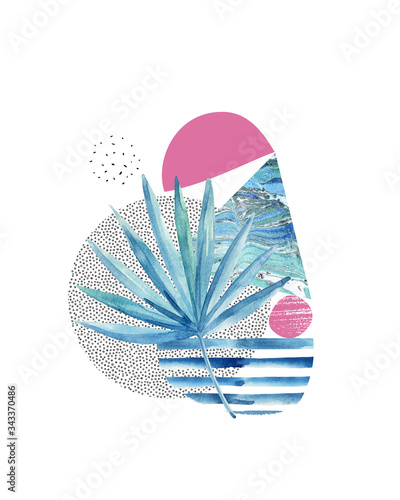 Geometric collage layout: fan palm leaf, triangles with marbling texture, cir...
