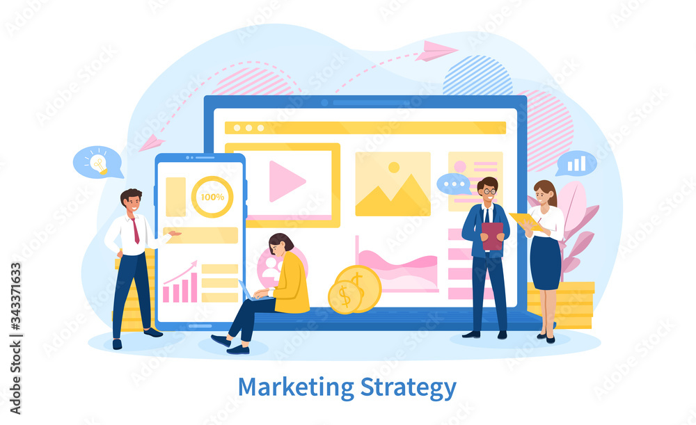 Business Marketing Strategy concept with a business team in a planning and development meeting in front of a mobile phone and laptop showing data, colored vector illustration