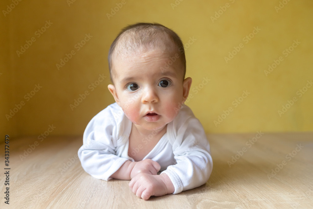 Newborn baby. A little boy in white bodysuit . Beautiful portrait of a toddler. Big-eyed baby. Remote education. Distance learninig
Newborn baby. A little boy in white bodysuit . Beautiful portrait of a toddler. Big-eyed baby. Remote education. Distance learninig