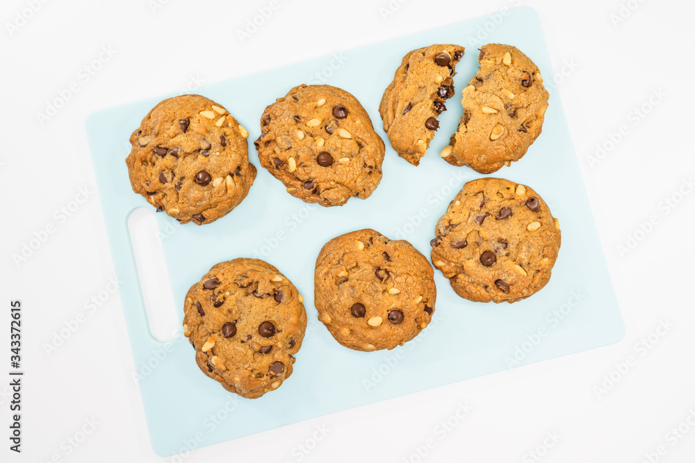 Chocolate Chip Cookies. Fresh baked dessert close up on white background, view from above