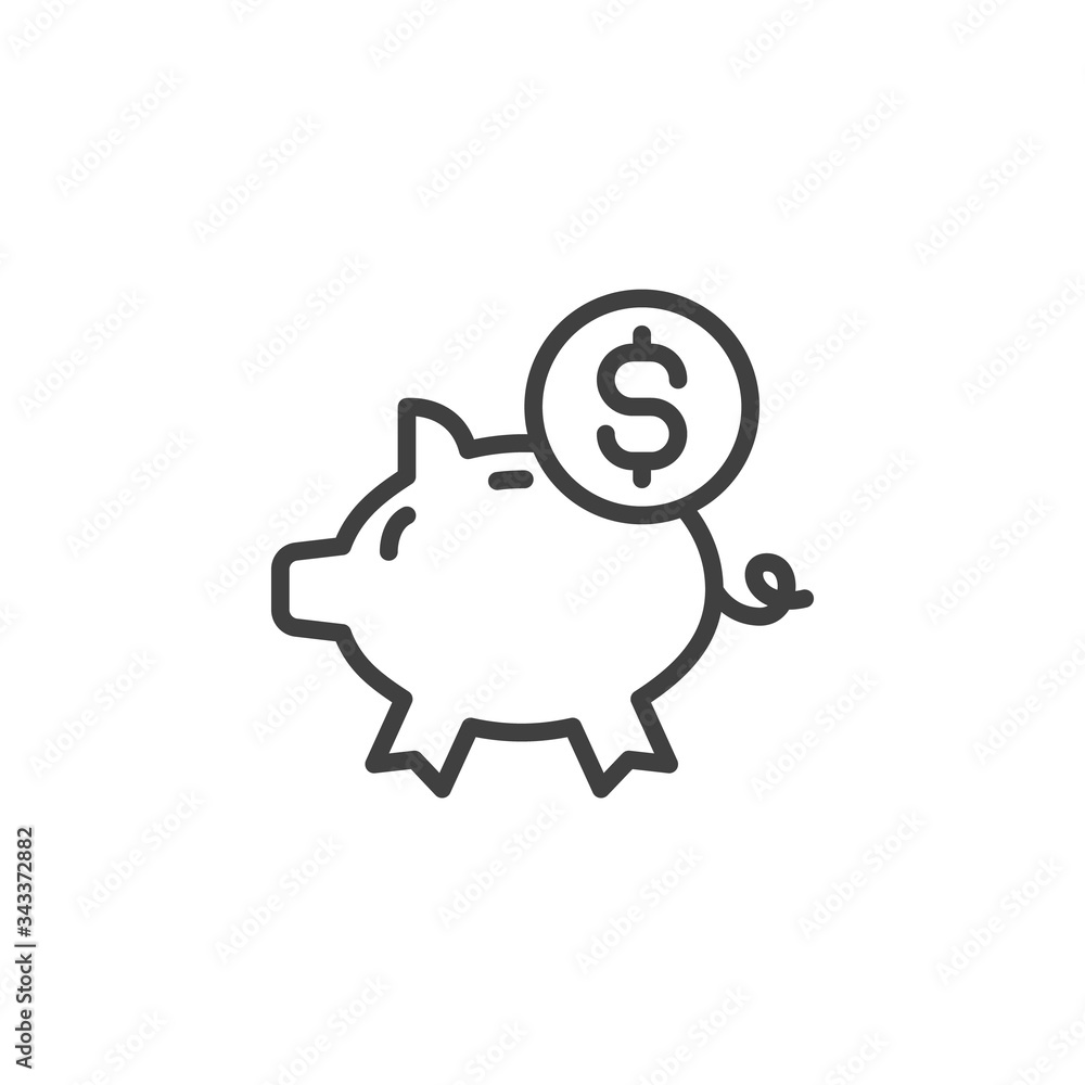 Piggy bank and dollar coin line icon. linear style sign for mobile concept and web design. Dollar money savings outline vector icon. Symbol, logo illustration. Vector graphics Piggy bank and dollar coin line icon. linear style sign for mobile concept and web design. Dollar money savings outline vector icon. Symbol, logo illustration. Vector graphics