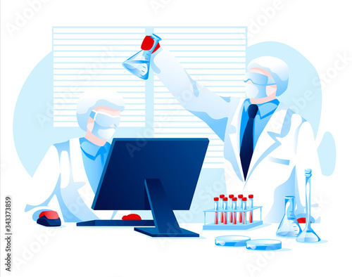 Two scientist in protection suits making research vaccine for pandemic isolated white background
