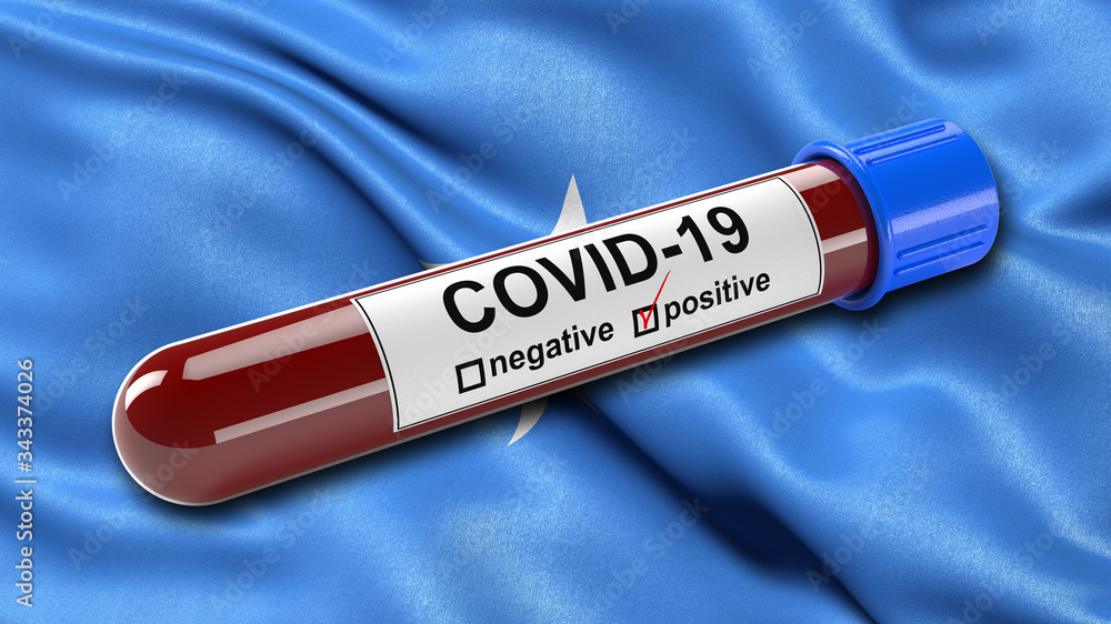 Obraz premium Flag of Somalia waving in the wind with a positive Covid-19 blood test tube. 3D illustration concept for blood testing for diagnosis of the new Corona virus.