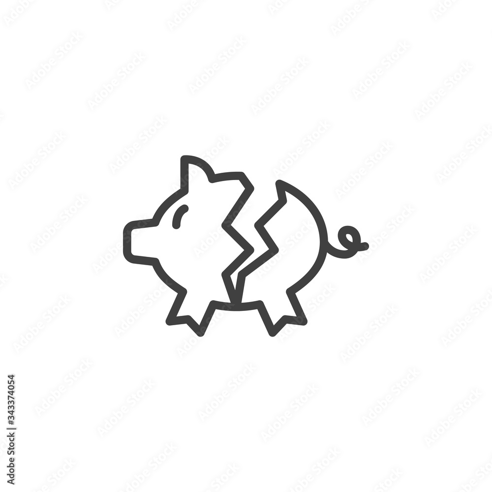 Broken piggy bank line icon. linear style sign for mobile concept and web design. Broken money box outline vector icon. Bankruptcy symbol, logo illustration. Vector graphics Broken piggy bank line icon. linear style sign for mobile concept and web design. Broken money box outline vector icon. Bankruptcy symbol, logo illustration. Vector graphics