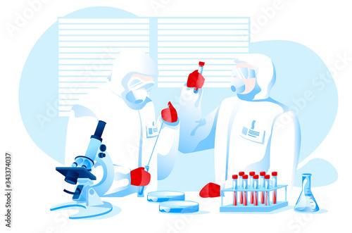 Two scientist in protection suits making research vaccine for pandemic isolated white background