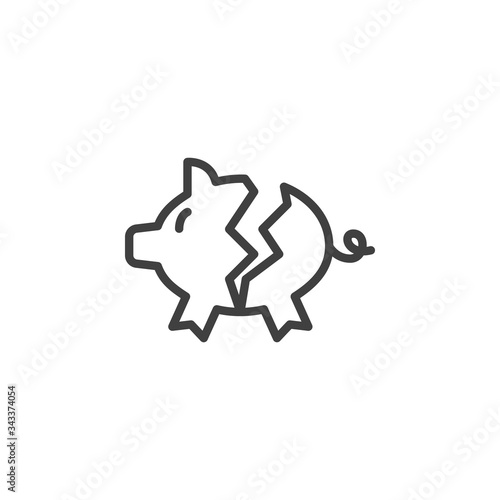 Broken piggy bank line icon. linear style sign for mobile concept and web design. Broken money box outline vector icon. Bankruptcy symbol  logo illustration. Vector graphics