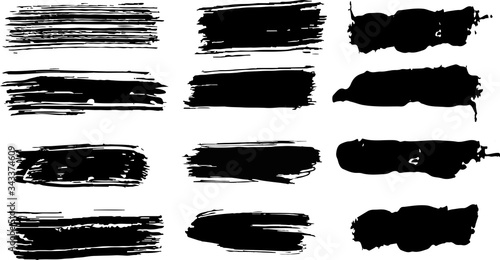 Brush stroke, ink splashes stencil. High quality manually traced. Black inked splatter dirt stain splattered spray splash with drops blots. Vector illustration brush stroke set.