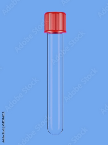 An empty clean glass test tube with a red cap on the blue background