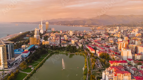 Aerial view of Batumi city with lake and port in sunset. Gerogia © upslim