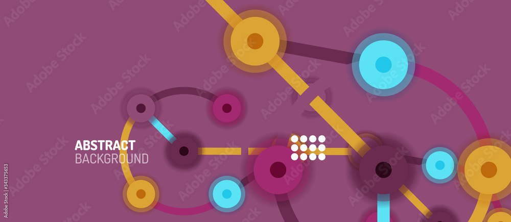 Flat style geometric abstract background, round dots or circle connections on color background. Technology network concept.