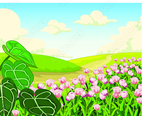 Beautiful Landscape Grass Field View With Pink Ivy Flowers Cartoon