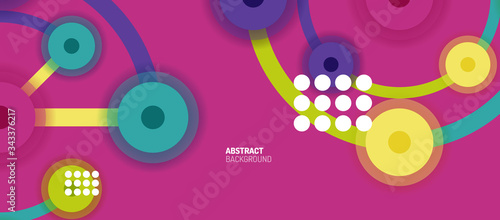 Flat style geometric abstract background  round dots or circle connections on color background. Technology network concept.