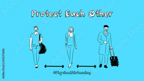 physical distancing to protect each other from infectous disease/virus simple hand drawn design style minimal vector illustration