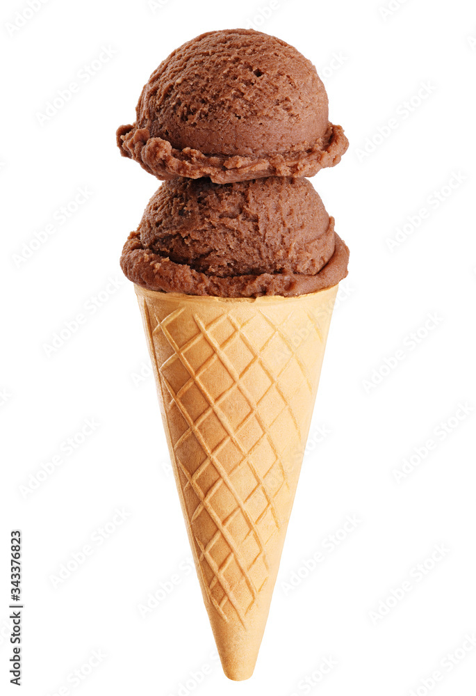 Chocolate double scoop ice cream isolated on white background.