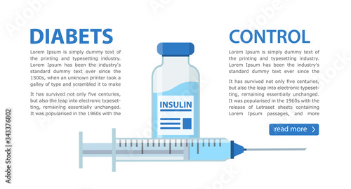 Control your Diabetes flyer concept. Insulin Bottle and Syringe for Injection. vector Illustration isolated on white Background.